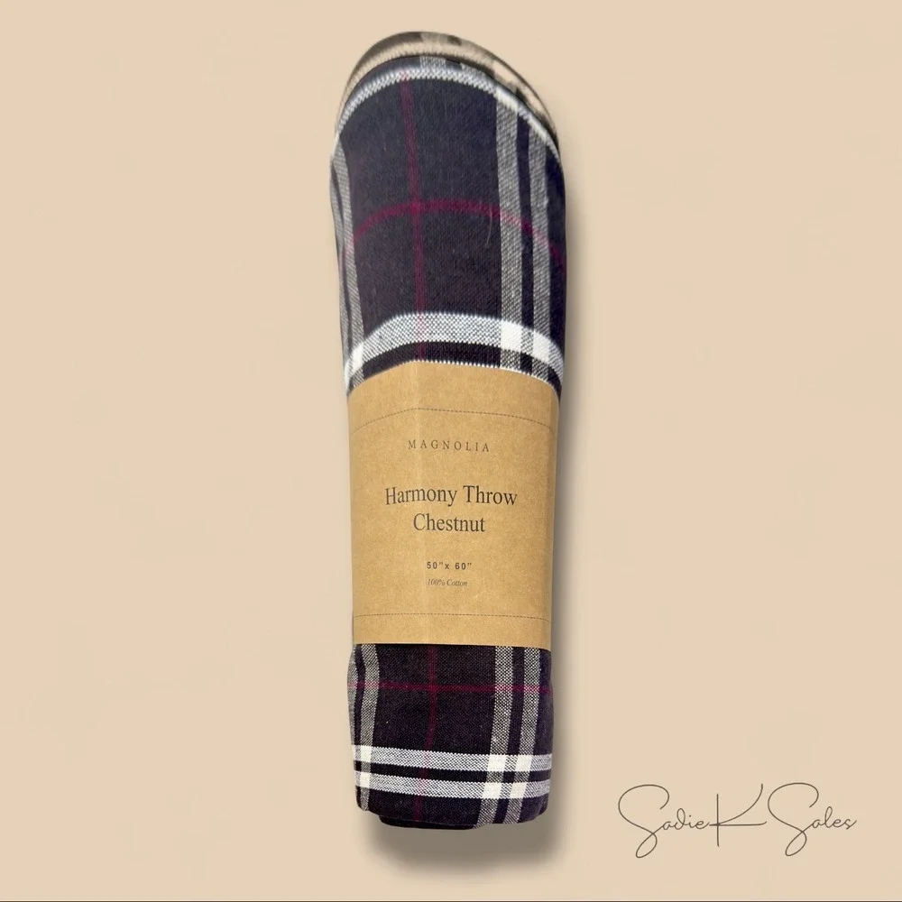Magnolia‎ Harmony Throw Chestnut Brown Plaid 50x60 Cotton Fringed Christmas 2024